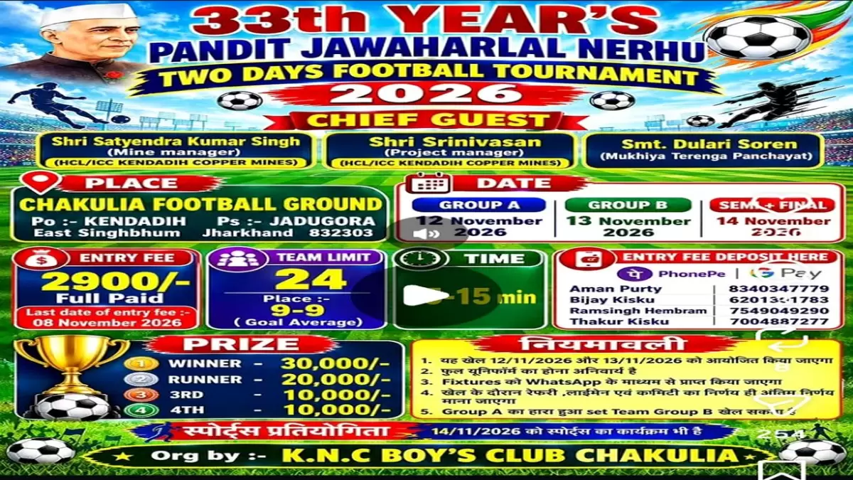 33rd YEAR'S PANDIT JAWAHARLAL NERHU TWO DAYS FOOTBALL TOURNAMENT 2026